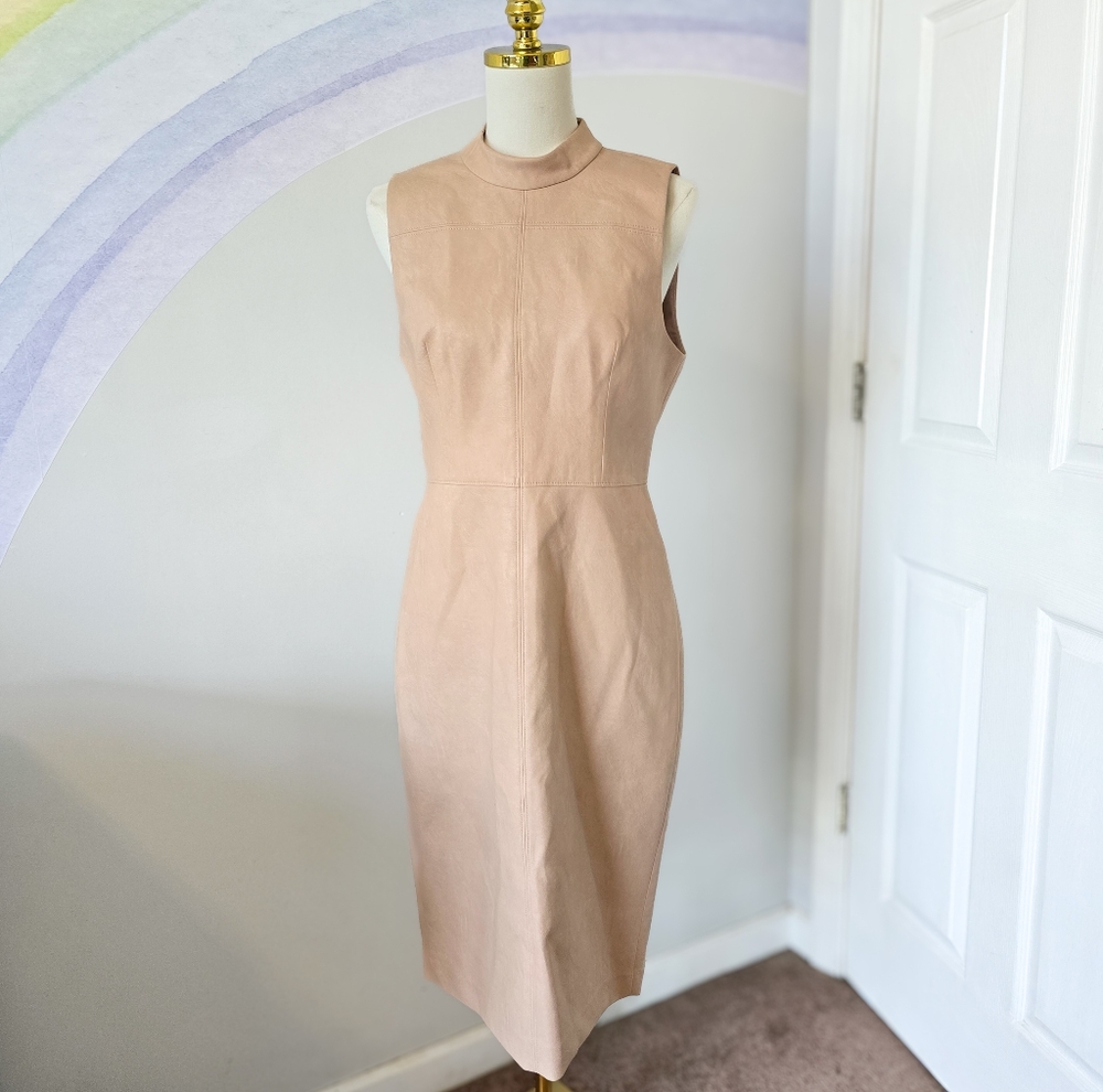 BCBGMaxAzria | Size 8 | Faux Leather Mock Neck Bare Pink Sheath Dress